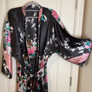 Women's Black Peacock Blossom Long Bathrobe Swimwear Coverup Kimono Sleeves